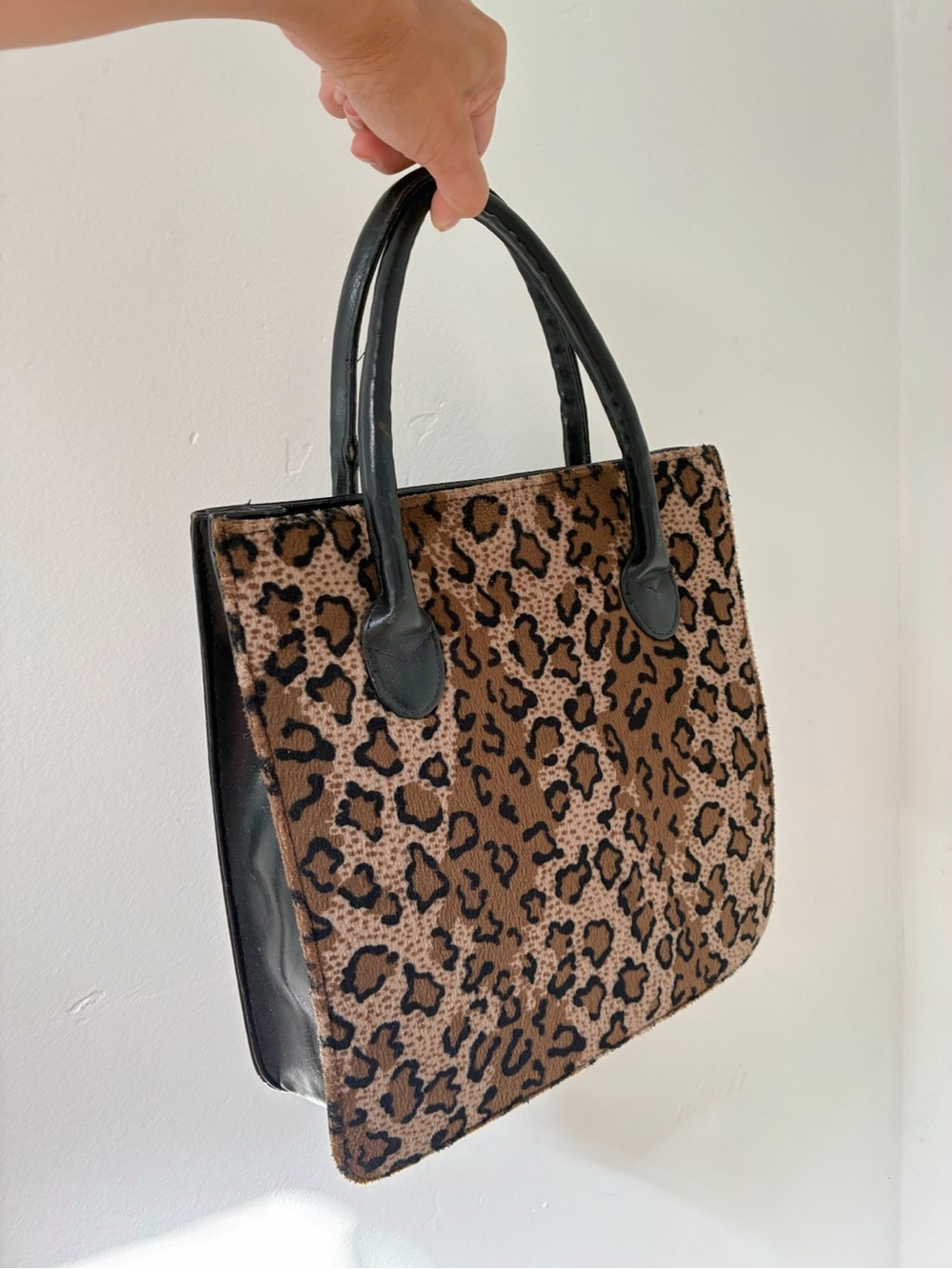 Vintage 1990s Leopard Leather Tote Handbag